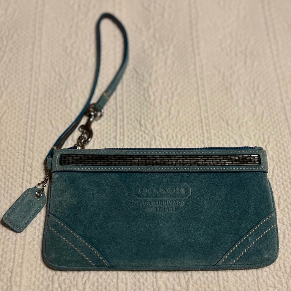 Coach Teal Suede Wristlet with accent beads